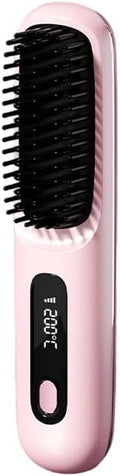 Portable Cordless Hair Straightener Brush 2 in 1 Curling &amp Straightening Hair Iron USB Rechargeable Hair Iron for Home Office School Or Travel Adjustable Hair Straightener (Pink)
