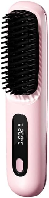 Portable Cordless Hair Straightener Brush 2 in 1 Curling &amp Straightening Hair Iron USB Rechargeable Hair Iron for Home Office School Or Travel Adjustable Hair Straightener (Pink)
