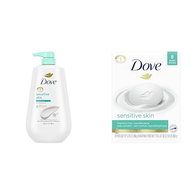 Dove Body Wash with Pump Sensitive Skin Hypoallergenic Paraben-Free Sulfate-Free &amp Beauty Bar More Moisturizing Than Bar Soap for Softer Skin Fragrance Free Hypoallergenic