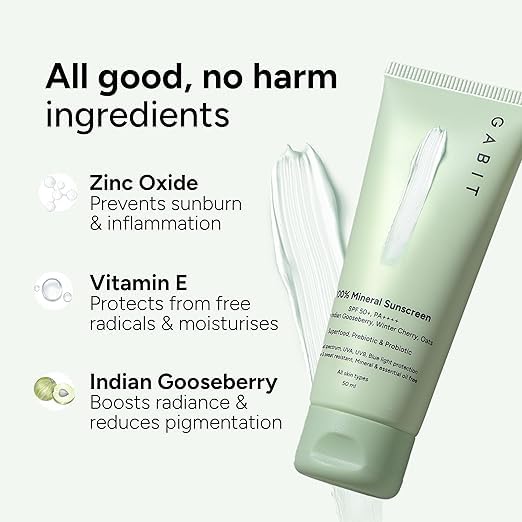 GABIT 100% Mineral Sunscreen SPF 50+ PA++++ with Indian Gooseberry Winter Cherry Oats Prebiotic &amp Probiotic All Skin Types 90ml