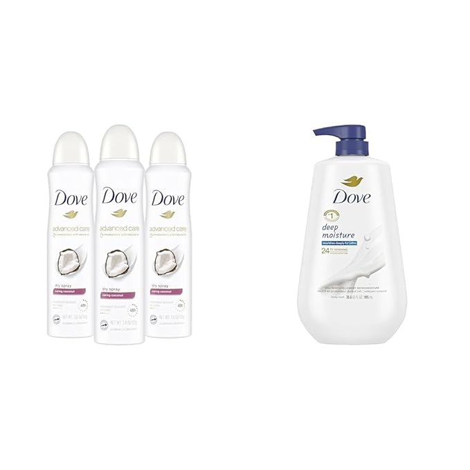 Dove Advanced Care Dry Spray Antiperspirant Deodorant Caring Coconut 3 Count &amp Dove Body Wash with Pump Deep Moisture For Dry Skin Moisturizing Skin Cleanser