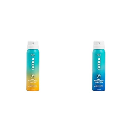 COOLA Organic Sunscreen Bundle - SPF 30 Piña Colada Travel Size &amp SPF 50 Fragrance Free Sunblock Spray Dermatologist Tested Vegan Skin Care 2 Fl Oz Each