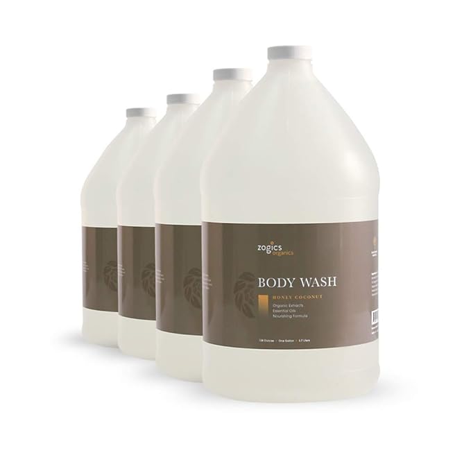 Zogics Organics Body Wash – Moisturizing Body Wash for Men and Women Plant-Based Formula Made with Essential Oils Great as Body Wash Refill in Facilities Honey Coconut Scent (4 Gallons/Case)