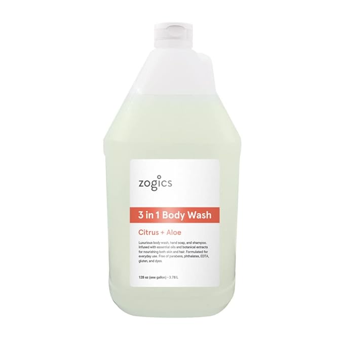 Zogics 3-in-1 Body Wash – Body Soap Shampoo and Hand Soap Liquid Refill All-in-One Hydrating Plant-Based Formula Refreshing Citrus + Aloe Scent (1 Gallon)