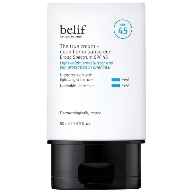 belif Aqua Bomb SPF 45 Hydrating Niacinamide Sunscreen (1.69 fl. oz) - The True Cream PA++++ Daily Broad Spectrum No White Cast Weightless &amp Invisible Non-Greasy Korean Skincare | Hydrating