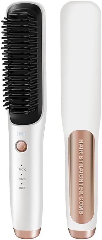 Wireless Hair Straightener Brush and Curler 2-in-1 Dual-Use Straight Comb with Temperature Control White and Rose Gold
