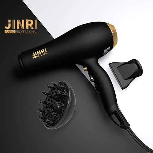 JINRI 2000W Hair Dryer with Negative Ion &amp Infrared - Black 3 Heat &amp 2 Speed Detachable Air Intake Concentrator/Diffuser Hanging Strap