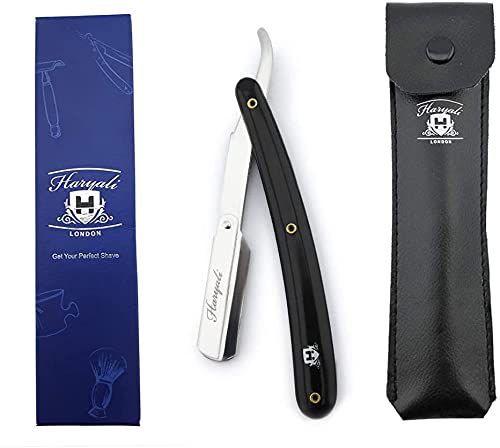 Men's Black Traditional Style Stainless Steel Straight Razor with Leather Pouch (1 Count Reusable Ergonomic Portable)