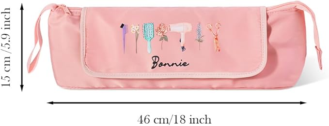 Custom Hair Tools Travel Bag Personalzied Name Birth Flower Hair Accessories Organizer Case With Heat Resistant Mat for Curling Iron Straightener Flat Iron Black Pink Size 4.7 * 5.9 * 18INCH