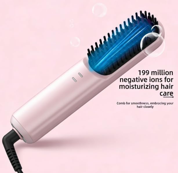 Cordless Hair Straightener Brush 4 Temp Settings Ceramic Coating Hair Straightener Comb Rechargeable Fast Heating Hot Comb Women (Pink)