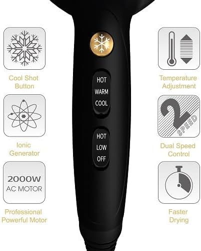 JINRI 2000W Hair Dryer with Negative Ion &amp Infrared - Black 3 Heat &amp 2 Speed Detachable Air Intake Concentrator/Diffuser Hanging Strap