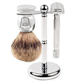 Parker 82R Heavyweight Double Edge Butterfly Safety Razor Set - Includes Badger Shave Brush Chrome Stand and 5 Premium Platinum Razor Blades
