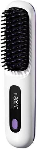 Cordless Hair Straightener Brush Portable Mini Hair Straightening Brush with 3 Temperature Settings &amp LED Display USB Rechargeable Fast Heating Hairs Brush for Travel (White)