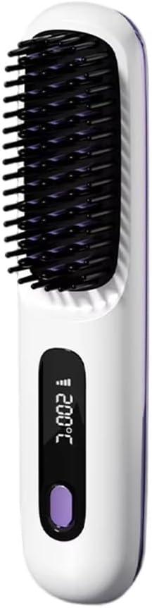 Cordless Hair Straightener Brush Portable Mini Hair Straightening Brush with 3 Temperature Settings &amp LED Display USB Rechargeable Fast Heating Hairs Brush for Travel (White)