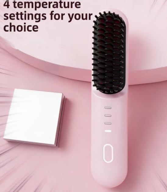 Cordless Hair Straightener Brush 4 Temp Settings Ceramic Coating Hair Straightener Comb Rechargeable Fast Heating Hot Comb Women (Pink)