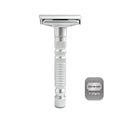 Adjustable double-edged safety razor with 10 platinum-plated stainless steel razor blades + optional stand + complimentary holster reusable razor smooth close shave (Silver)