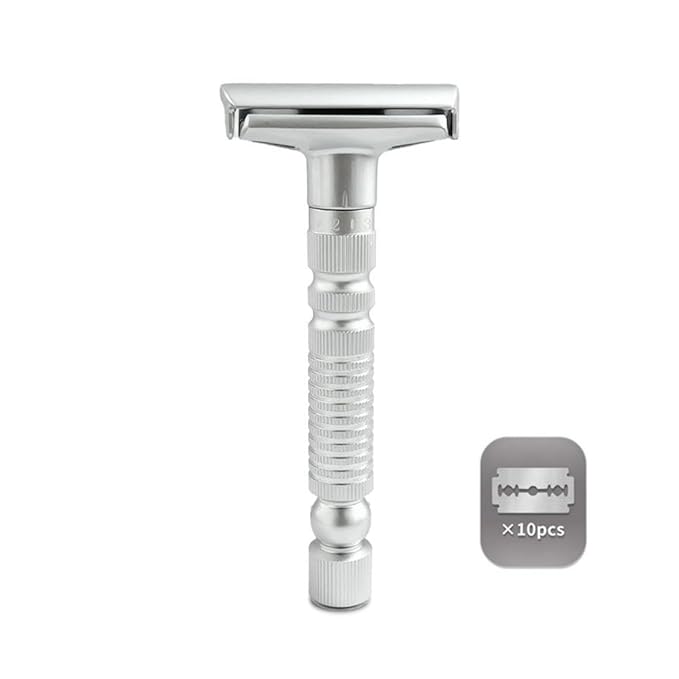 Adjustable double-edged safety razor with 10 platinum-plated stainless steel razor blades + optional stand + complimentary holster reusable razor smooth close shave (Silver)