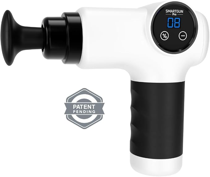 SPA SCIENCES - SmartGun Pro – Therapeutic Deep Tissue Percussion Massager – for Muscle Soreness – with Interchangeable Heads and 8 Intensity Levels – USB Rechargeable – White