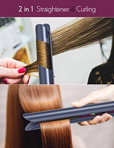 ANGENIL Professional Titanium Flat Iron 1 inch Hair Straightener and Curler 2 in 1 with Adjustable Temp for All Hair Types Anti-Static Dual Voltage Travel Size with Silicone Resistant Mat Pouch