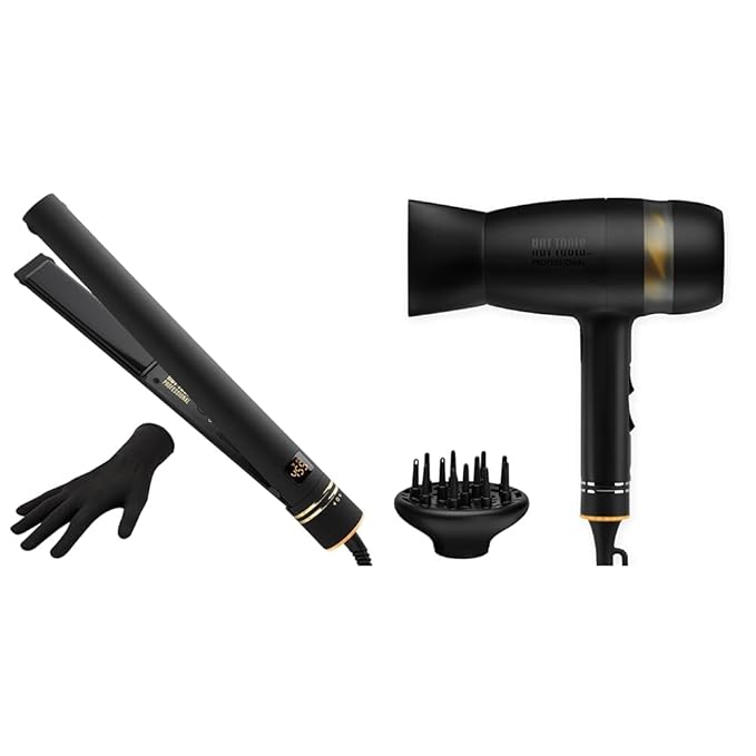Hot Tools Evolve Black Gold 1 in Ionic Flat Iron and Quietair Power Dryer | Long-Lasting Finish for Hair Straightening &amp Zen Drying Experience