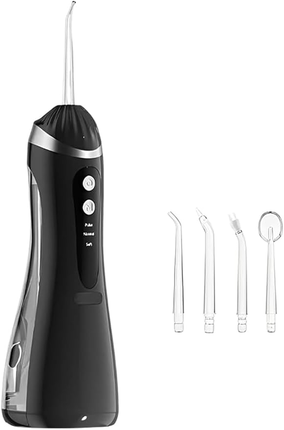 Water Dental Flosser Cordless Oral Irrigator Wireless Portable Dental Gap Oral Beautification Device 3 Cleaning Modes with 4 Customized Nozzles 1600 Times/Min High Voltage Pulse (Black)