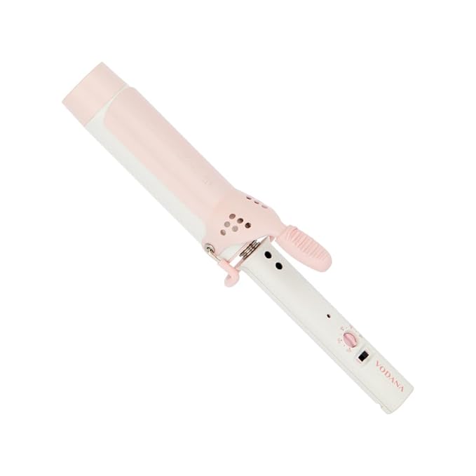 VODANA Professional GlamWave Ceramic Curling Iron 1.6 Inch Barrel Strawberry Cream Color Instant Heat Technology Natural Long-Lasting Curls