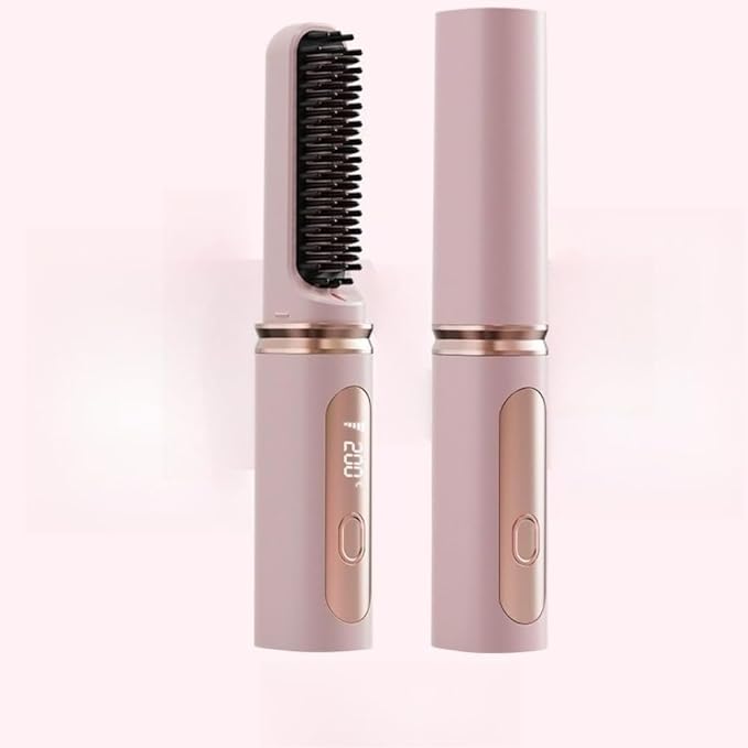 Cordless Hair Straightener Portable Mini Cordless Straightening Brush USB Rechargeable with LCD Temperature Display Adjustable Heat Settings Ideal for Travel Frizz-Free Smooth Hair (Pink)