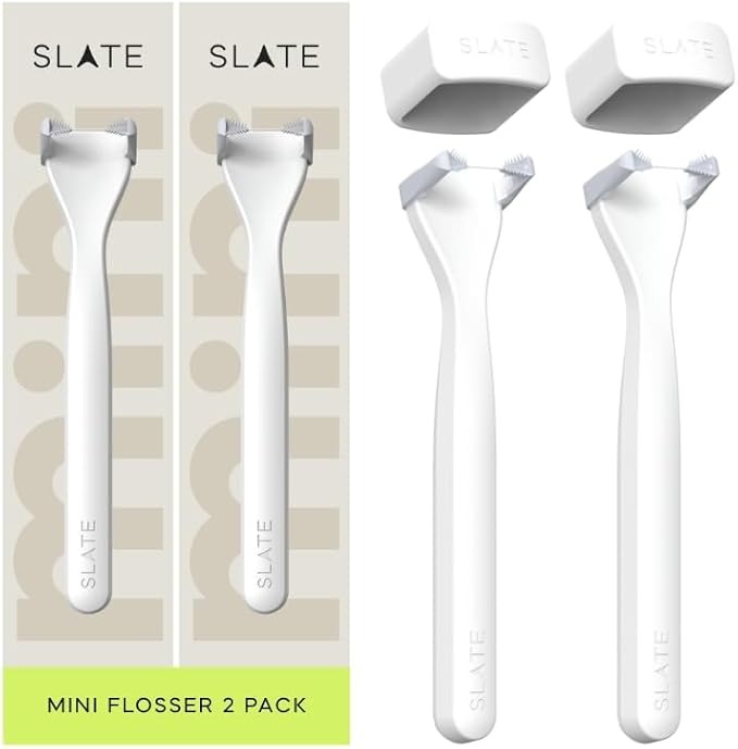 Slate Flosser Mini - Reusable Floss Pick with Gum Brush &amp Tongue Scraper Dentist-Invented PFAS/PTFE-Free Travel-Ready | White Mini Flosser 2-Pack