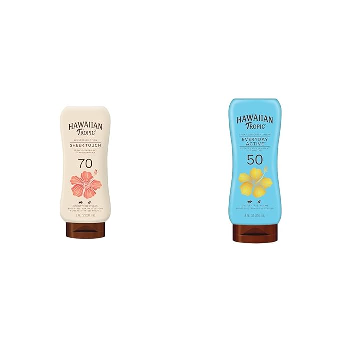 Hawaiian Tropic Sheer Touch Ultra Radiance SPF 70 and Everyday Active SPF 50 Sunscreen Lotions Bundle 8oz Each | Hawaiian Tropic Sunscreen Bundle
