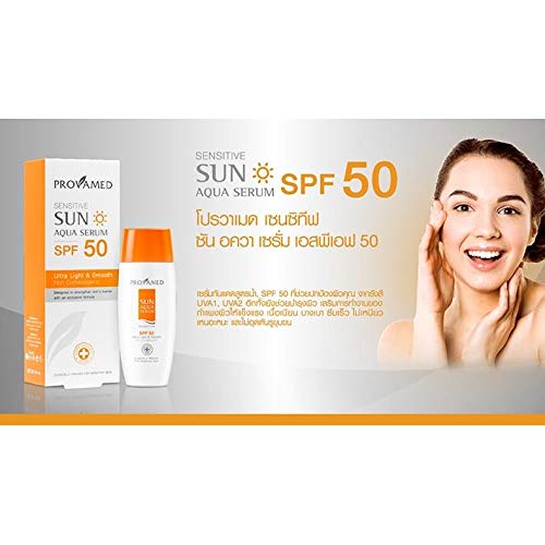 Provamed Sunscreen Serum Sensitive Sun Aqua Serum SPF 50 reduce the damage of UVA and UVB rays light texture revitalizes and nourishes the skin 40ml.