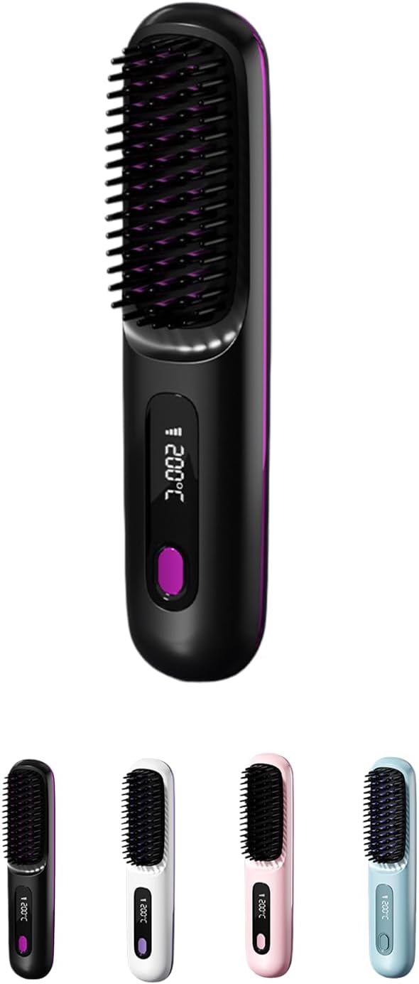Cordless Hair Straightener Brush with LCD Display Ceramic Rechargeable Hair Straightener for Travel Fast Heating Portable Hair Straightener for Daily Use (Black)