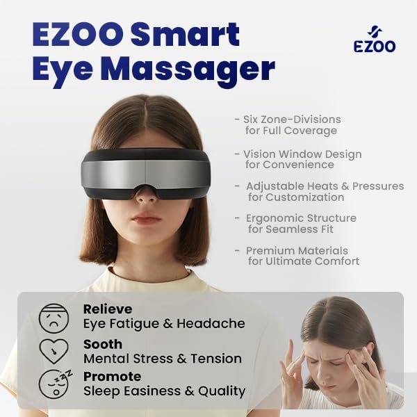 EZOO Smart Eye Massager with Visualization Window Five Built-in Modes and Adjustable Settings for Stress Relief Headaches and Sleep Aid