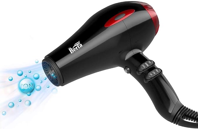 BERTA 1875W Professional Salon Hair Dryer Negative Ionic Blow Dryer 2 Speed 3 Heat Settings Cool Button with AC Motor Concentrator Nozzle &amp Diffuser &amp Comb