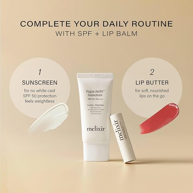 Melixir Best Seller Duo – Airfit Invisible Sunscreen &amp Vegan Lip Butter #01 Agave Korean Rice Sunscreen with No White Cast Hydrating Soft Lip Balm for Dry Lips Gift for Women Travel Essential