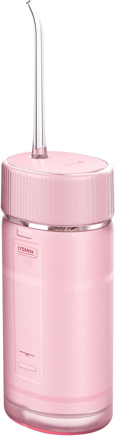 Electric Water Flosser Cordless Slide Dental Oral Irrigator with 4 Modes &amp Replaceable Jet Tips Portable Pull-Out Rechargeable Waterproof Teeth Cleaner for Home Travel (Pink)