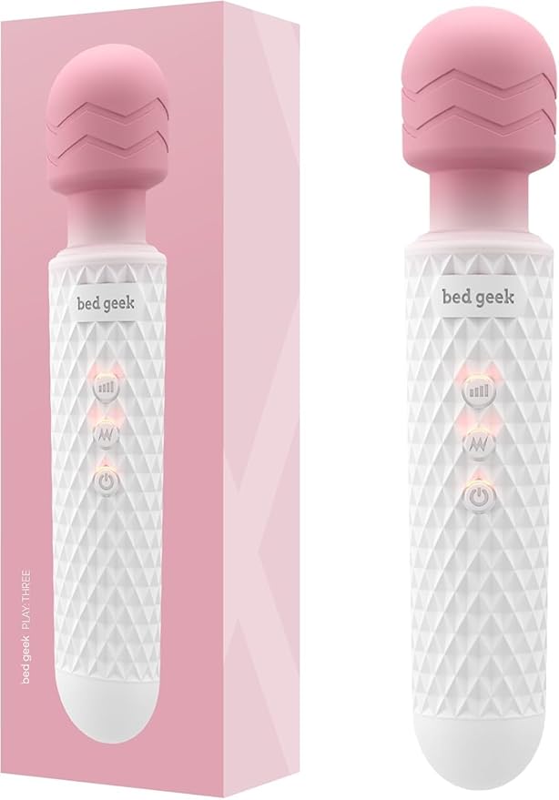 bed geek Handheld Cordless Personal Wand Massager – Waterproof USB Rechargeable 20 Vibration Patterns 8 Speeds Memory Feature Skin-Soft Silicone for Ultimate Relaxation Tool (White)