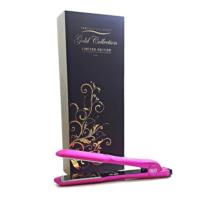 ISO Beauty Gold Collection Metallic Color 1.5 Inch Floating Plates Flat Iron Hair Straightener with Adjustable Auto Power Off Smart Memory Temp Control &amp LCD Display (Pink)
