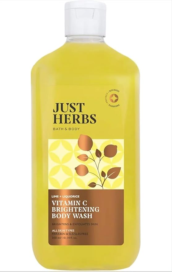 Just Herbs Vitamin C Brightening Body Wash with Lime and Liquorice for Men &amp Women | Hydrates Skin Reduces Hyperpigmentation &amp Maintains pH Level | Suits All Skin Types- 300 ml