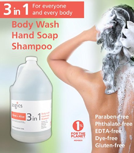 Zogics 3-in-1 Body Wash – Body Soap Shampoo and Hand Soap Liquid Refill All-in-One Hydrating Plant-Based Formula Refreshing Citrus + Aloe Scent (1 Gallon)
