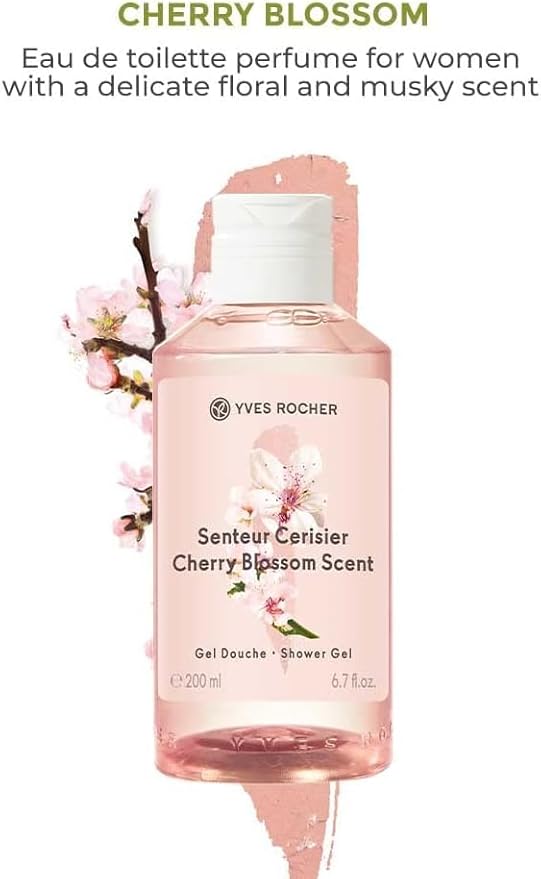 Yves Rocher Cherry Blossom Bloom Perfumed Shower Gel Nourishing Moisturizing Body - 200 ml./6.7 fl.oz. Set of 2 Best Gift Kit