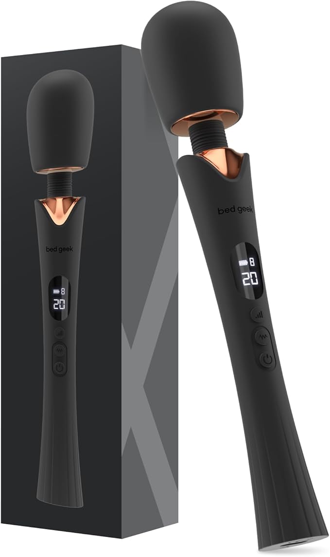 bed geek Cordless Wand Massager – Super Powerful Handheld Massage with 20 Speeds &amp 8 Patterns Soft Silicone Head Quiet Motor LED Display Body-Safe &amp Waterproof Black &amp Rose Gold