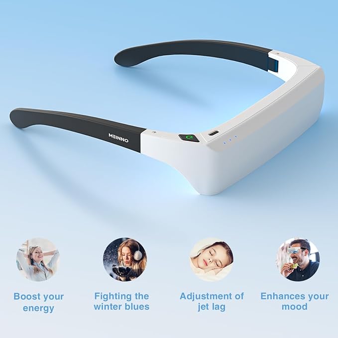 GentleGlow MEINNO Light Therapy Glasses Blue-White UV-Free Light Therapy Lamp Portable Daylight Lamp Wearable Sunlight Lamp Boost Energy Relief for Sleep Problems Jet Lag