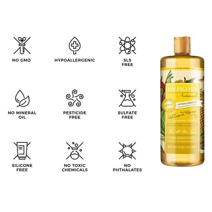 Dr. Jacobs Naturals Pure Castile Soap - All Natural Face And Body Wash - Hypoallergenic and Dermatologist Approved (Charcoal 32 Fl Oz (Pack of 1))