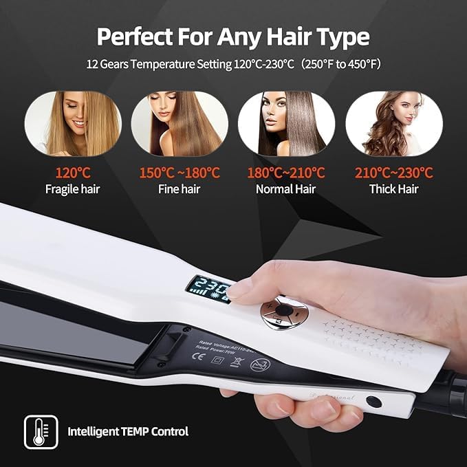 Hair Straighteners Wide Plates Tourmaline Ceramics Professional 1.8 inch Flat Iron with LCD Display 12 Speed Temperature Control Dual Voltage PTC Fast Heating Straighter