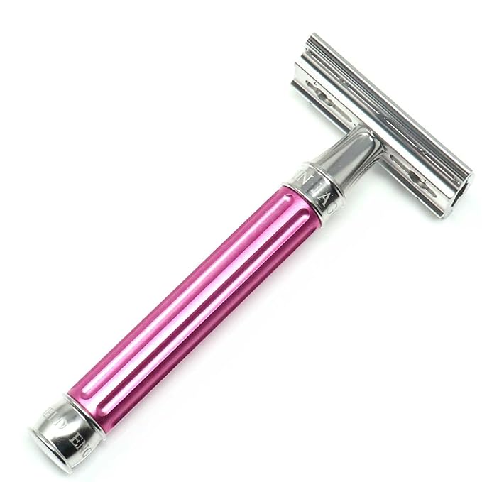 Edwin Jagger 3ONE6 DE Stainless Steel Safety Razor Grooved 1x Pack of DE Razor Blades (Anodized Pink)