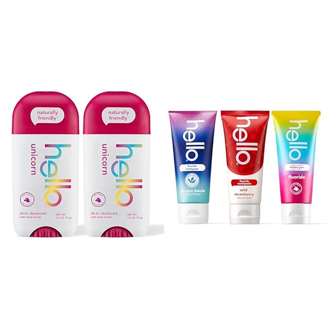 hello Unicorn Aluminum Free Deodorant for Women Girls Safe for Kids Dermatologically tested &amp Variety (Unicorn Strawberry Dragon) Fluoride Kids Toothpaste Anticavity Natural Flavors