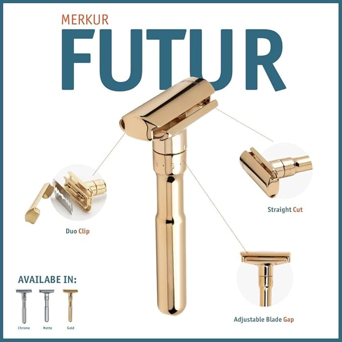 MERKUR FUTUR 702 Adjustable Double Edge Safety Razor - Bright Gold Adjustable Razor With Dial Made in Germany Plastic-Free Snap-On Cap Design Straight Bar