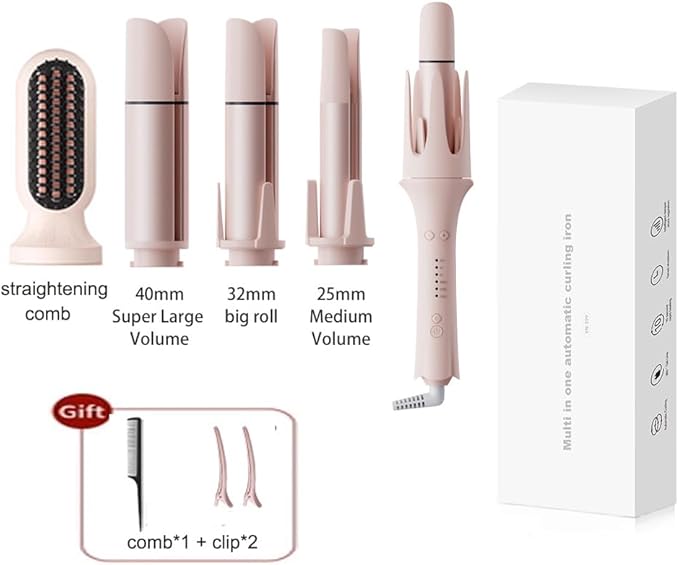 4-in-1 Automatic Curling Iron Multifunctional with 1 - 1.57 Interchangeable Barrel Salon Curls Waves Hair Straightener Brush for All Hair Lengths (Pink 4in1)