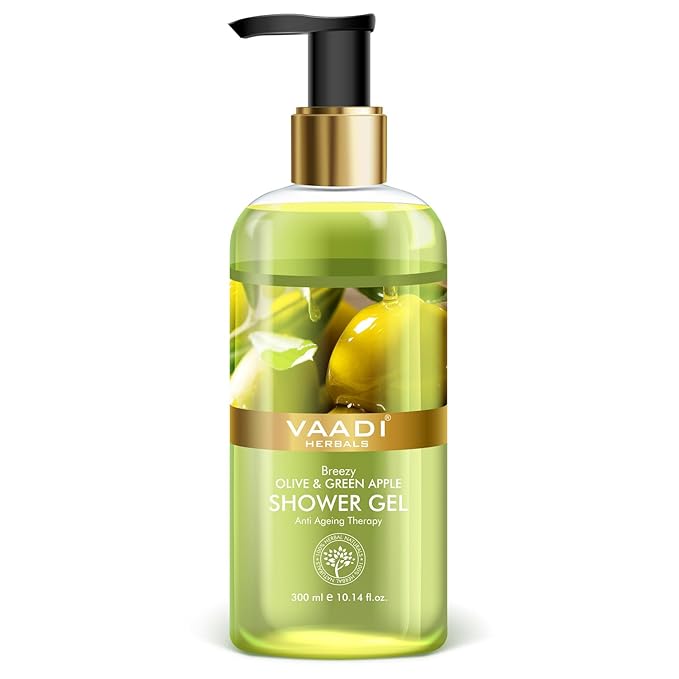 Vaadi Herbals Shower Gel - Sulfate-Free - Herbal Body Wash Both For Men And Women - 300 Ml (10.14 Fl Oz) - (Breezy Olive &amp Green Apple) (1 Bottle)