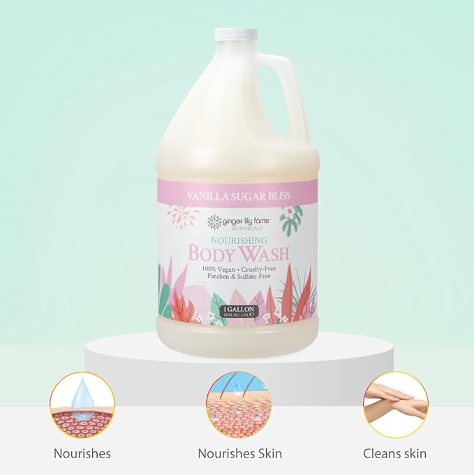Ginger Lily Farms Botanicals Nourishing Body Wash 100% Vegan &amp Cruelty-Free Vanilla Sugar Bliss Scent 1 Gallon (128 fl oz) Refill